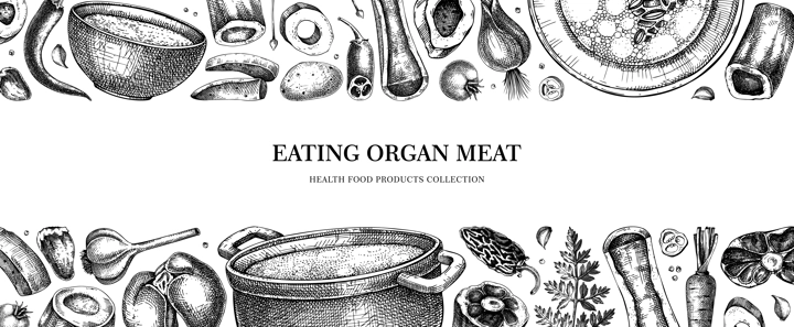 Healthy food background. Marrow bone broth banner. Hot soup on plates, pans, bowls, organ meat, vegetables, marrow bones sketches. Hand drawn vector illustrations. Homemade food ingredient